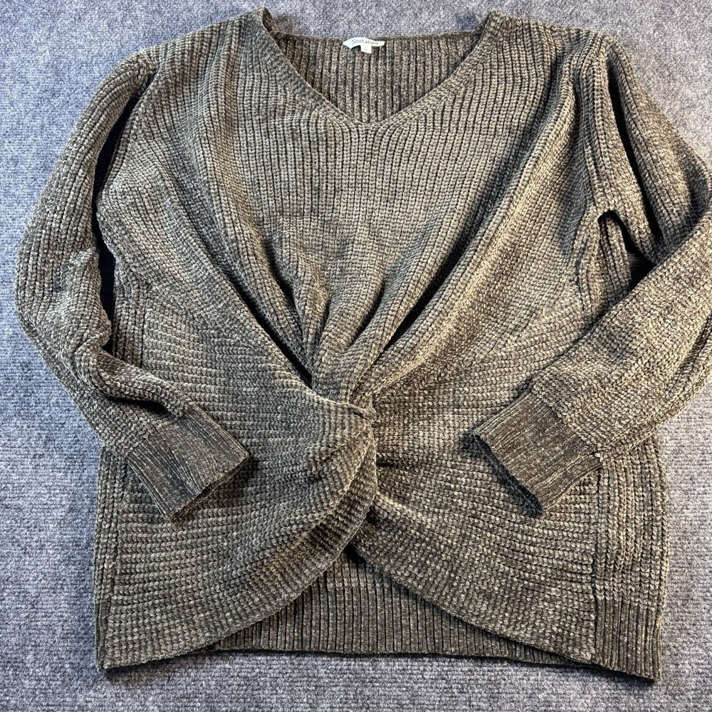 Nostalgia Chenille Sweater Womens XL Olive Green Twist Front V-Neck Ribbed Knit